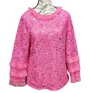 J. Crew Lace Up tulle ruffle Top Womens M Pink Romantic Feminine Eyelet